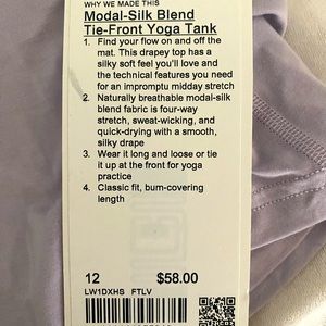 New lululemon modal-silk blend tie-front yoga tank sz 12